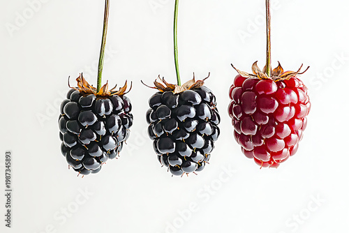 Three Suspended Blackberries Fresh Aggregate Fruit on White Background
