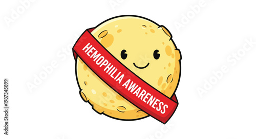 Smiling cartoon moon wearing hemophilia awareness ribbon banner isolated on white background