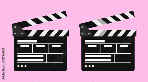 Professional Movie Film Clapperboard Set for Cinema Production, Black and White Video Slateboard Icon Vector Illustration Isolated on Pink Background