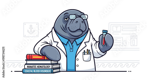 Manatee scientist holding blood sample tube in laboratory isolated on white background