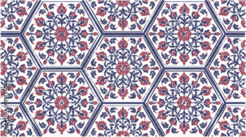 Geometric blue tile seamless pattern repeating fabric design pixel art cross stitch grid vector