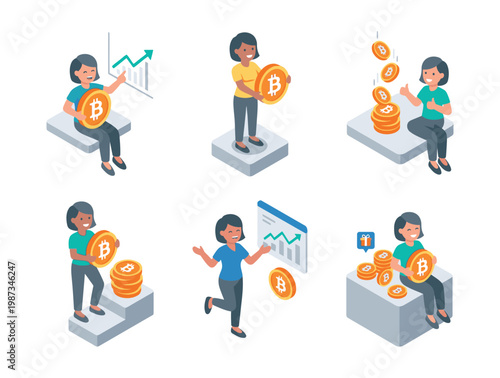Isometric illustrations of people working with bitcoin.