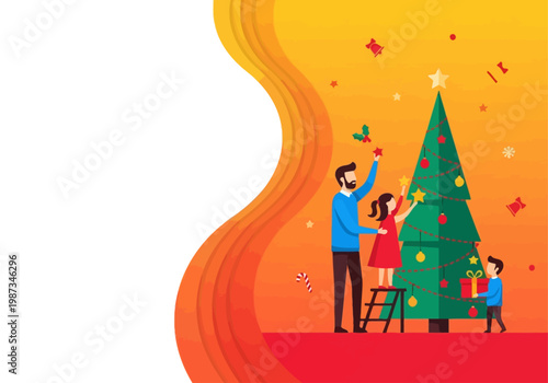 Father and Children Decorating Christmas Tree Together, Holiday Banner with Copy Space Vector Illustration