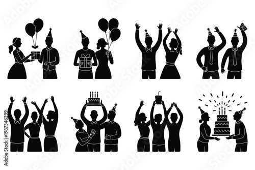 Set of black silhouettes of people celebrating birthdays with cakes gifts and balloons on transparent background vector