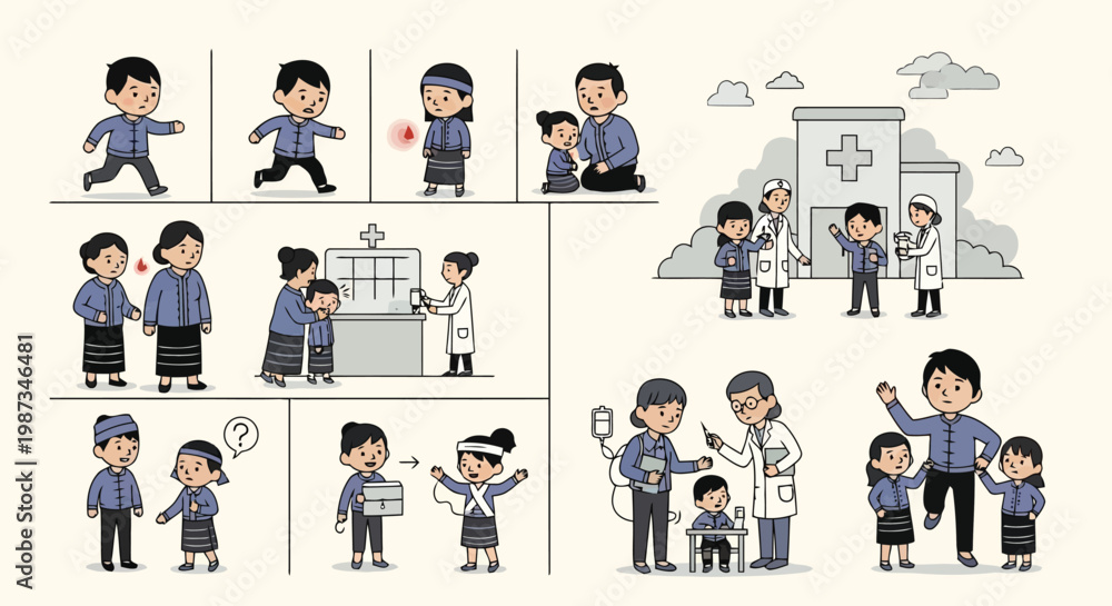 Fototapeta premium Healthcare journey depicted in a comic strip style illustration isolated on white background