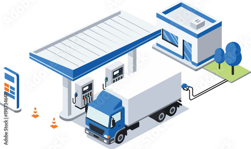 Isometric Gas Station with Delivery Truck Refueling, Fuel Station Vector Illustration for Logistics and Transportation Industry