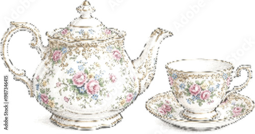 Teapot vintage hand drawn grid wall decor pixel art cross stitch fabric design vector