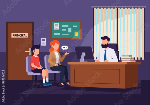School Principal Meeting with Mother and Student in Office Vector Illustration. Parent-Teacher Conference Concept for School Administration and Education.