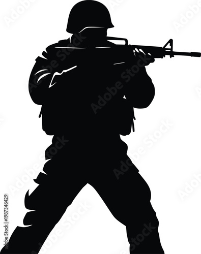 A soldier in a defensive stance holding a rifle with a white background