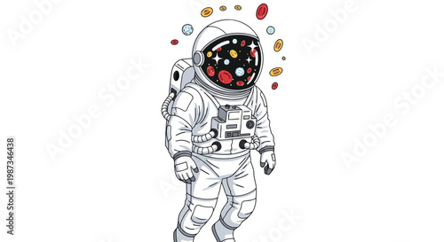 Astronaut in helmet filled with colorful celestial bodies and planets illustration isolated on white background