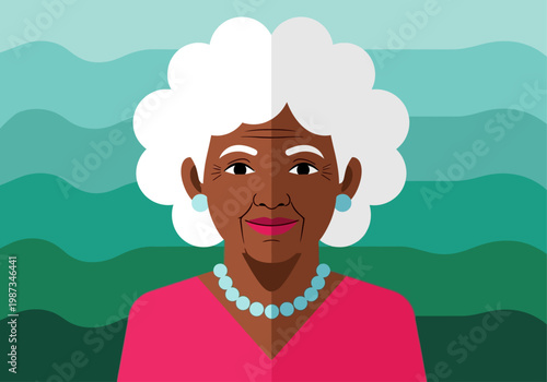 Senior African American Woman Portrait Flat Illustration Vector Art - Elegant Elderly Black Grandmother with White Hair