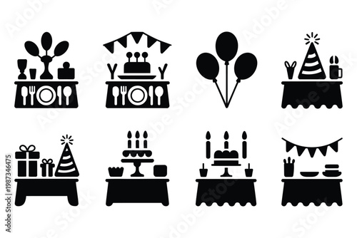 Set of festive party table arrangements with birthday cakes balloons and gift boxes flat black silhouette icon pack