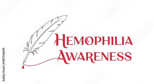 Hemophilia awareness graphic with quill and blood drop isolated on white background