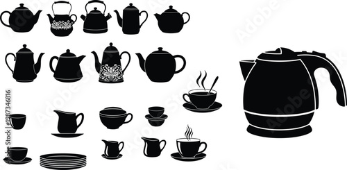 Flat vector illustration, kitchenware silhouettes, teapot kettle coffee pot electric kettle cup saucer creamer plate utensil black white artwork