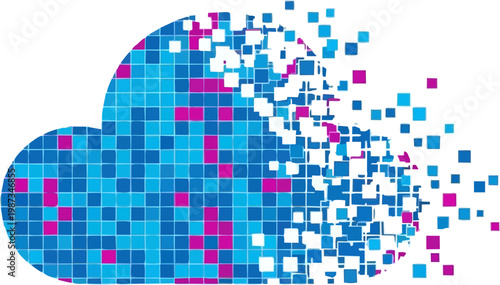 Pixelated cloud dissolving into squares, symbolizing digital data transfer and cloud computing destruction or dispersion