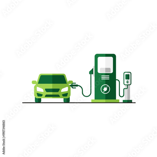 Electric car charging at station with connector and charging unit