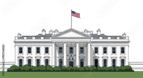 Vector illustration of the White House, showcasing its iconic facade and architectural details, set against a clean white background, conveying a sense of American history and national