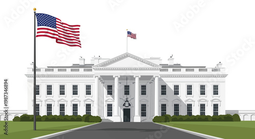 Vector illustration of the White House with the American flag waving in the wind, set against a clean white background and conveying a patriotic and governmental theme