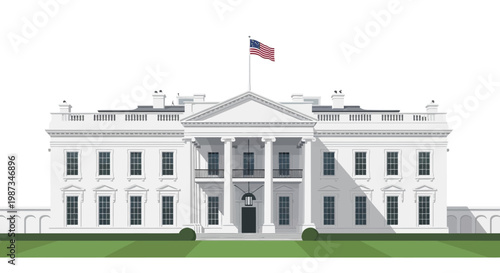 Vector illustration of the White House in Washington D.C. featuring its iconic neoclassical architecture and the American flag waving against a clean white background, providing a patriotic