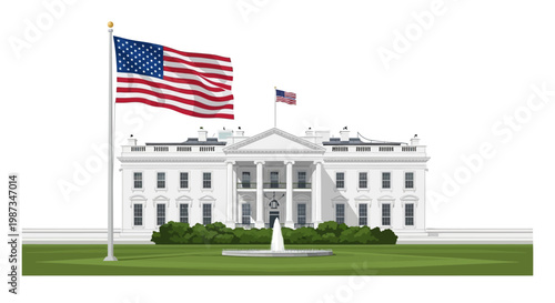 Vector illustration of the White House with an American flag waving in the wind, set against a clean white background with a vibrant green lawn, conveying a sense of national pride