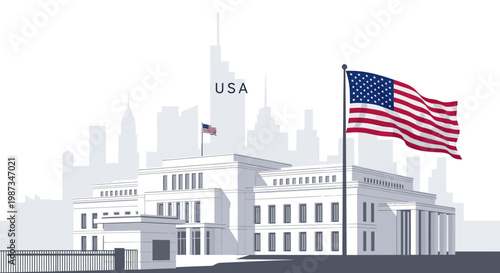 Detailed vector illustration of the White House with an American flag waving in the foreground, set against a blurred cityscape, rendered in a minimalist style with patriotic tones