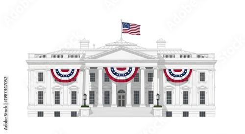Illustration of the White House decorated with red, white, and blue bunting, set against a clean white background in a flat, vector style that evokes a patriotic and celebratory mood