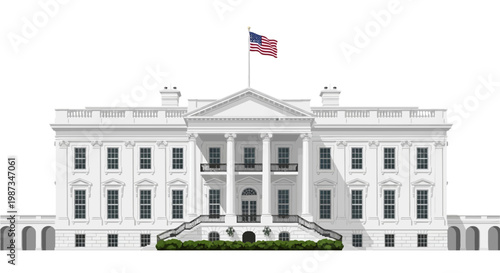 The White House is presented in a straightforward, eye-level perspective, showcasing its iconic architecture and the American flag waving atop, set against a bright, neutral background