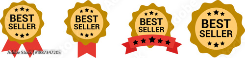 Best Seller Badge and Golden Medal Ribbon Line Icon Set for Premium Quality Product Marketing and Promotion
