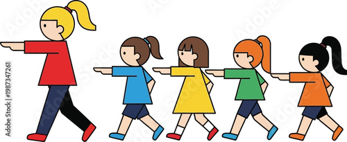 Teacher Leading Children Walking In Line, Education Concept