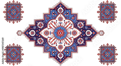 Intricate Persian or Oriental rug pattern with floral motifs isolated on white background