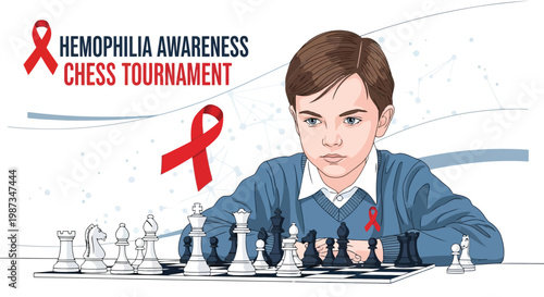 Young boy plays chess with a red ribbon for hemophilia awareness isolated on white background