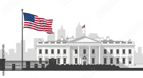 Vector illustration of the White House with an American flag waving in the wind, set against a muted gray city skyline and conveying a patriotic mood on a bright white background