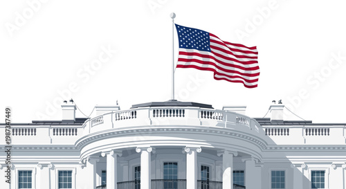 Vector illustration of the White House with a waving American flag on top, rendered with a clean, minimalist style against a crisp white background, evoking patriotism and national pride
