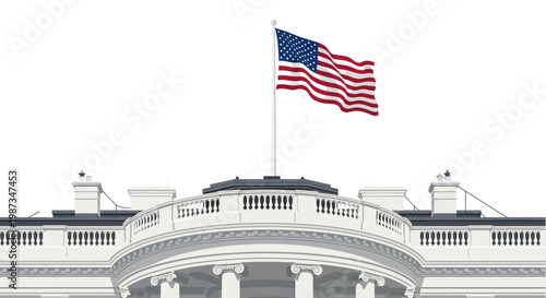 Vector illustration showing the upper portion of the White House with an American flag waving atop its roof against a clean white background, rendered in a simple, flat design style