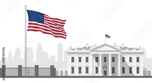 Vector illustration of the White House with an American flag waving, set against a skyline backdrop in a flat style, conveying a sense of American pride and patriotism against white