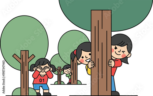Children Playing Hide and Seek Among Trees in a Park