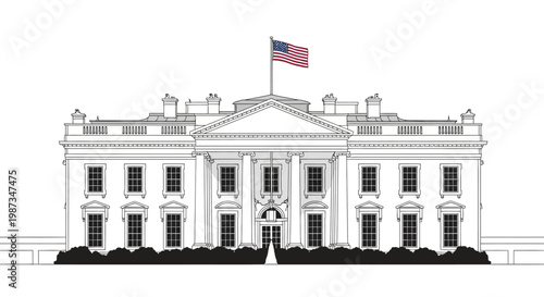 Detailed vector illustration of the White House with the American flag waving, set against a clean white background in a minimalist design style, emphasizing the building's architecture