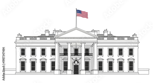 Detailed vector illustration of the White House with an American flag waving atop, rendered in a clean, minimalist style with precise line work against a stark white backdrop