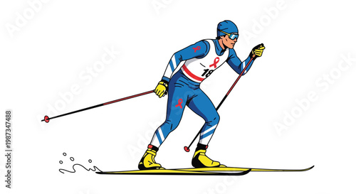Cross-country skier in blue suit races on snowy track isolated on white background
