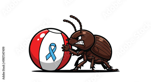 Angry beetle pushes billiard ball with blue awareness ribbon isolated on white background