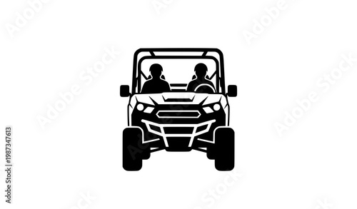 Front view silhouette of two people in open utility vehicle minimalist vector illustration