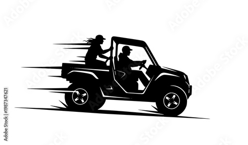 Dynamic silhouette of two riders in open utility vehicle with motion perspective vector design