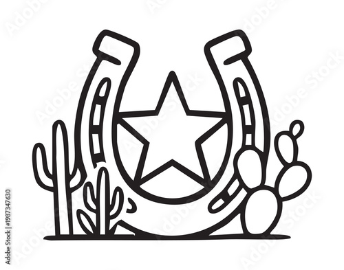 Horseshoe star emblem amid cactus desert, lineart badge suggests sheriff presence at frontier outpost, minimal monochrome composition ideal for logo, stamp, sticker, rodeo poster, ranch branding,