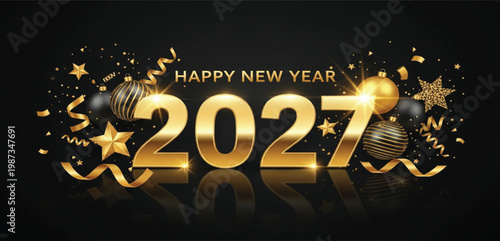 Happy New Year 2027 Gold Luxury Celebration Banner with Black Festive Background