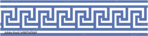 Thick blue Greek key meander border with classic embroidery stitch for traditional Mediterranean ornament
