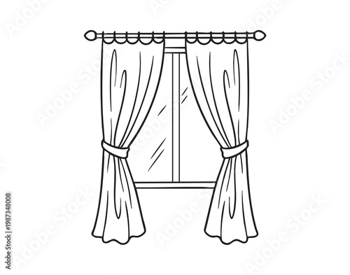 Curtained window drawing with tiedbacks, soft folds frame glass pane and sill, rod detail and light filtering inward, cozy interior mood with hygge and modern farmhouse vibes, monochrome line art