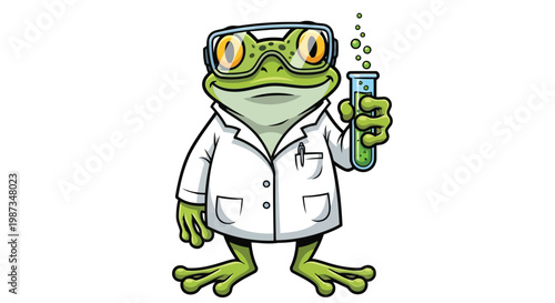 Cartoon frog scientist wearing lab coat and goggles holding test tube isolated on white background