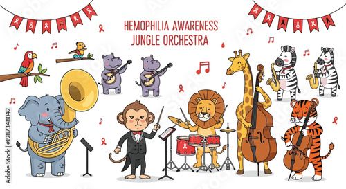 Jungle orchestra performs for hemophilia awareness with animal musicians isolated on white background