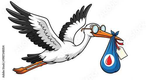 Stork carrying baby bundle with blood drop symbol for new life awareness isolated on white background