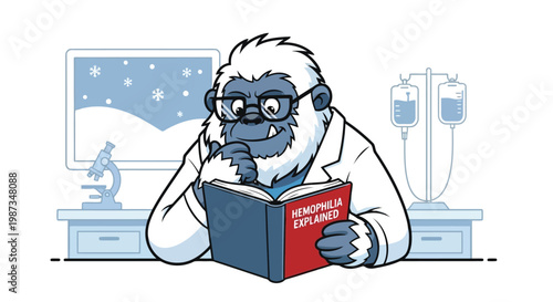 Yeti scientist reading book about hemophilia in a snowy lab setting isolated on white background